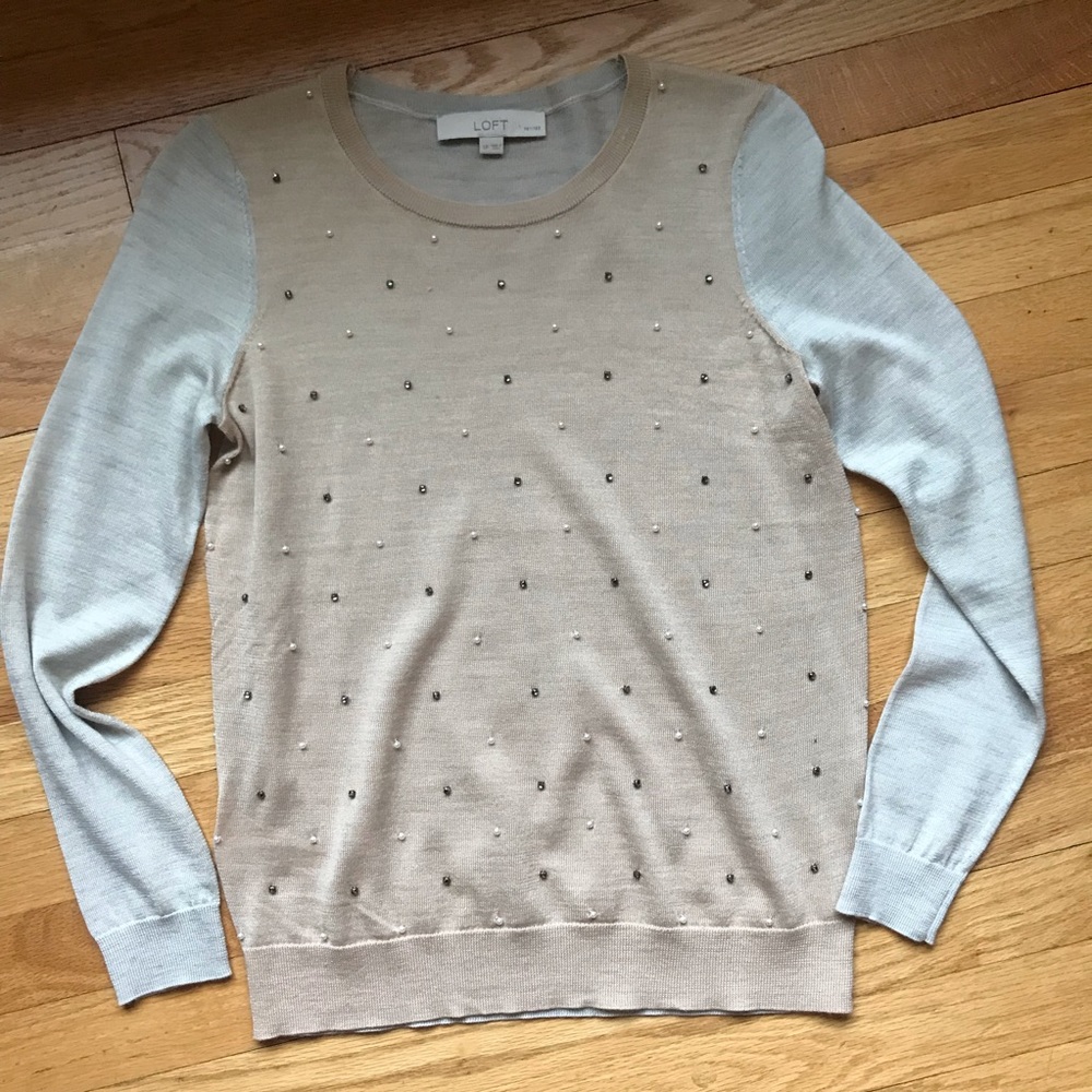 Loft Tan & gray lightweight embellished sweater SP